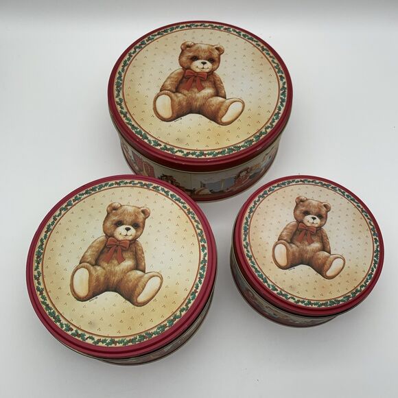 Vtg House of Lloyd 3 Nesting Tins plus 1 Round Tray 1989 with Plush Teddy Bear - Picture 2 of 11